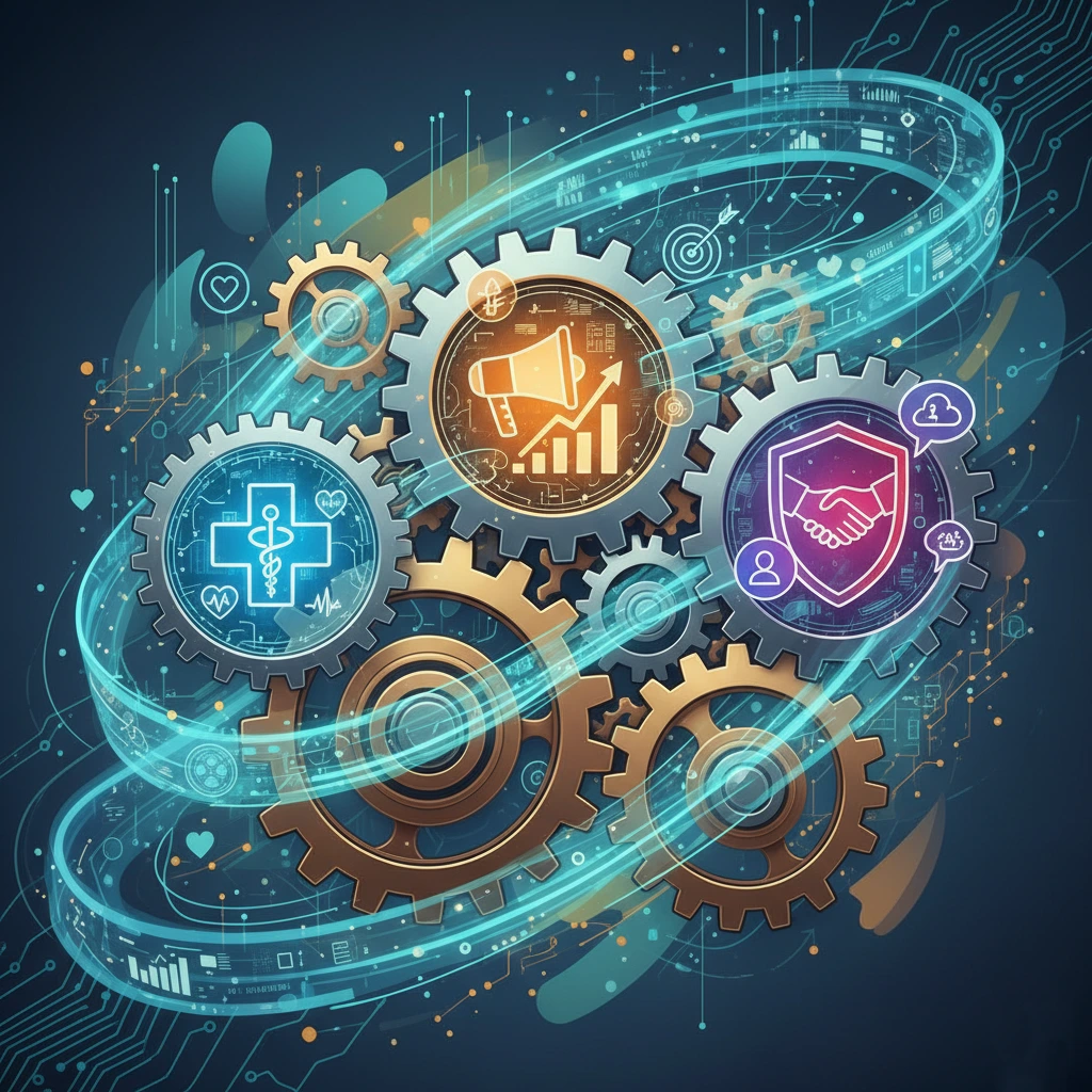 A vibrant illustration showing gears and data streams seamlessly connecting icons for
                        				healthcare, marketing and crm