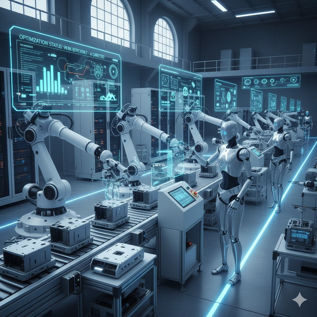 AI automation agents optimizing a modern smart manufacturing assembly line